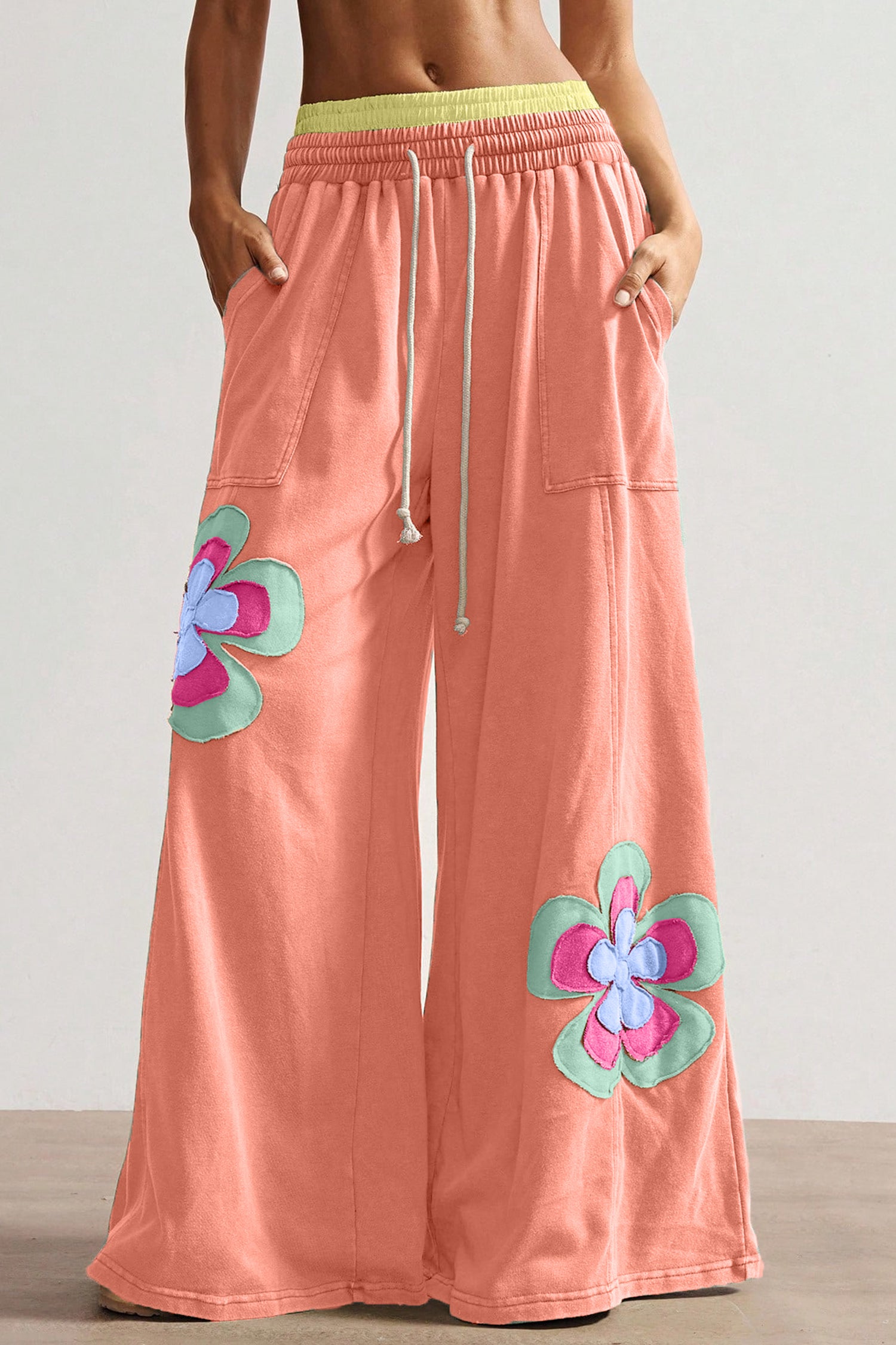 Colour Block Flower Patchwork Drawstring Contrasted Elastic Waist Wide Leg Pants