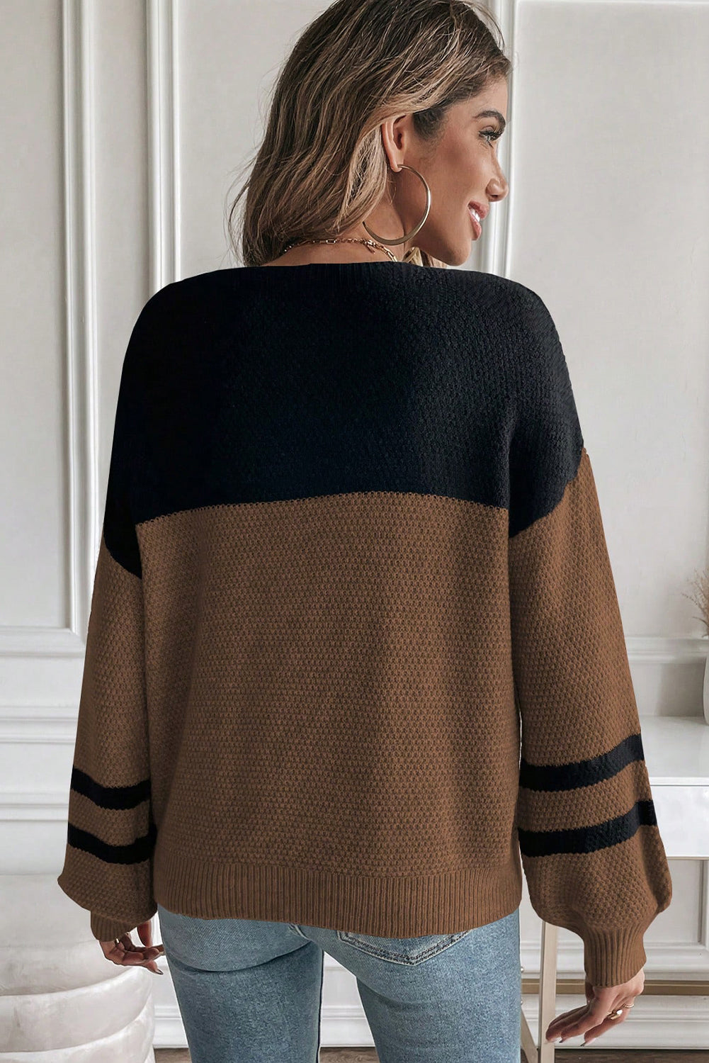 Color Block Knit Striped Sleeve Detail Casual Sweater