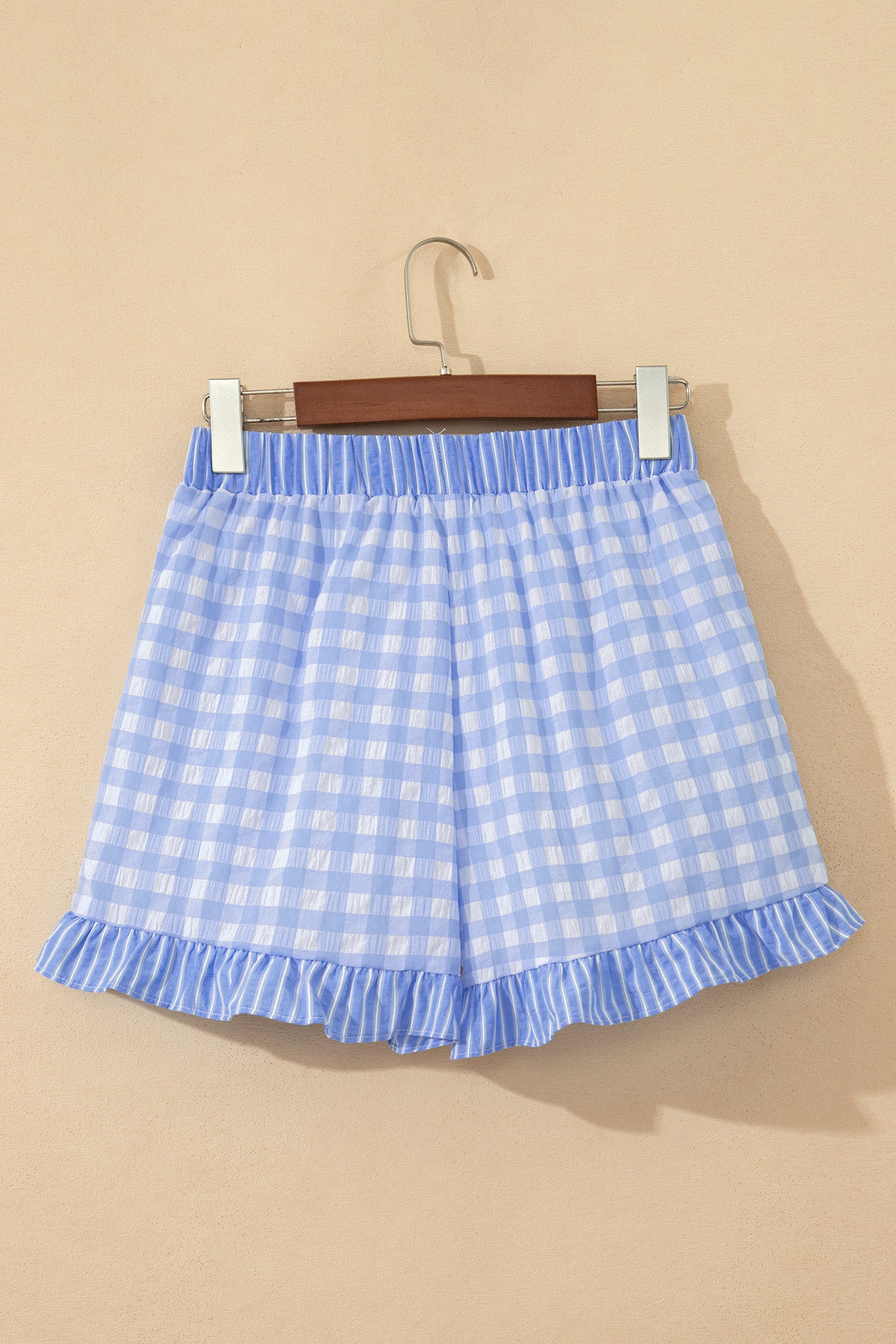 Gingham Print Ruffle Striped Detail Lace Tie Shorts