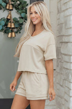 Solid Color Contrast Textured Patchwork Raw Edge 2pcs Short Set