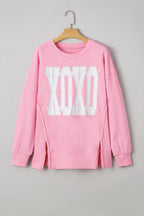 Bow Sequin XOXO Letter Graphic Exposed Seam Baggy Sweatshirt