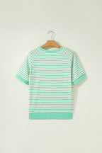 Green Stripe Colorblock Trim Round Neck Short Sleeve Tee
