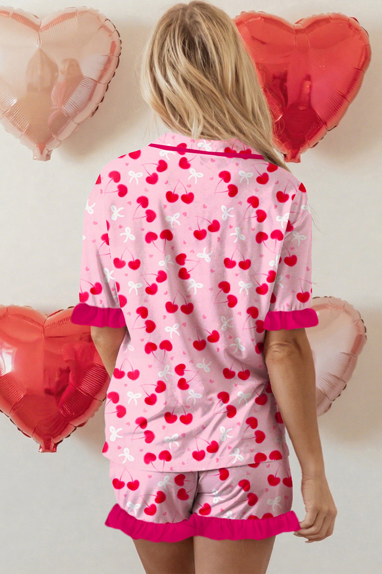 Rose Cherry Bow Mixed Print Scalloped Edge Short Pyjama Set