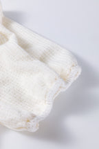 White Textured Knit V Neck Short Bubble Sleeve Peplum Top