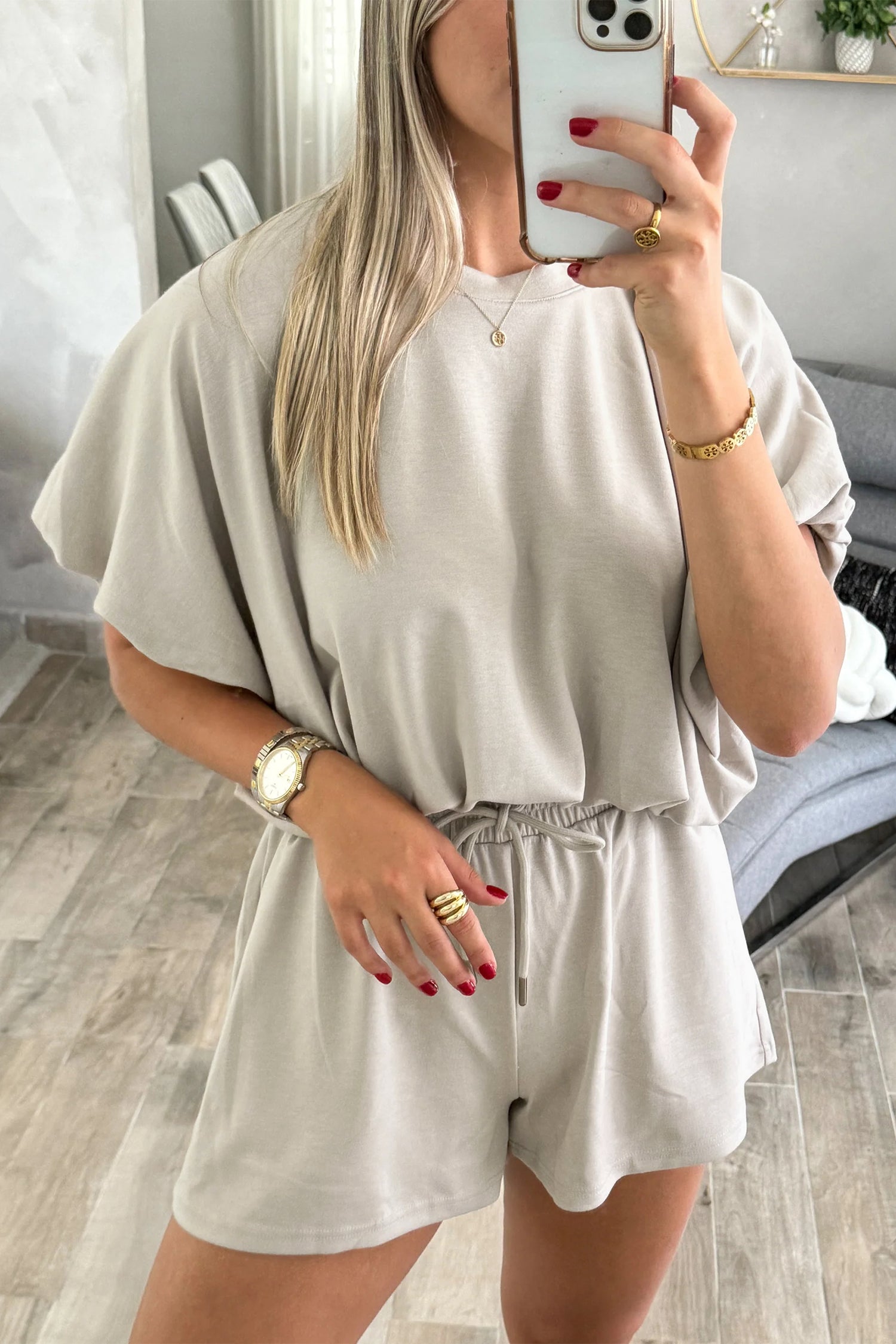 Solid Colour Puffy Loose Top Drawstring Shorts 2pcs Outfit