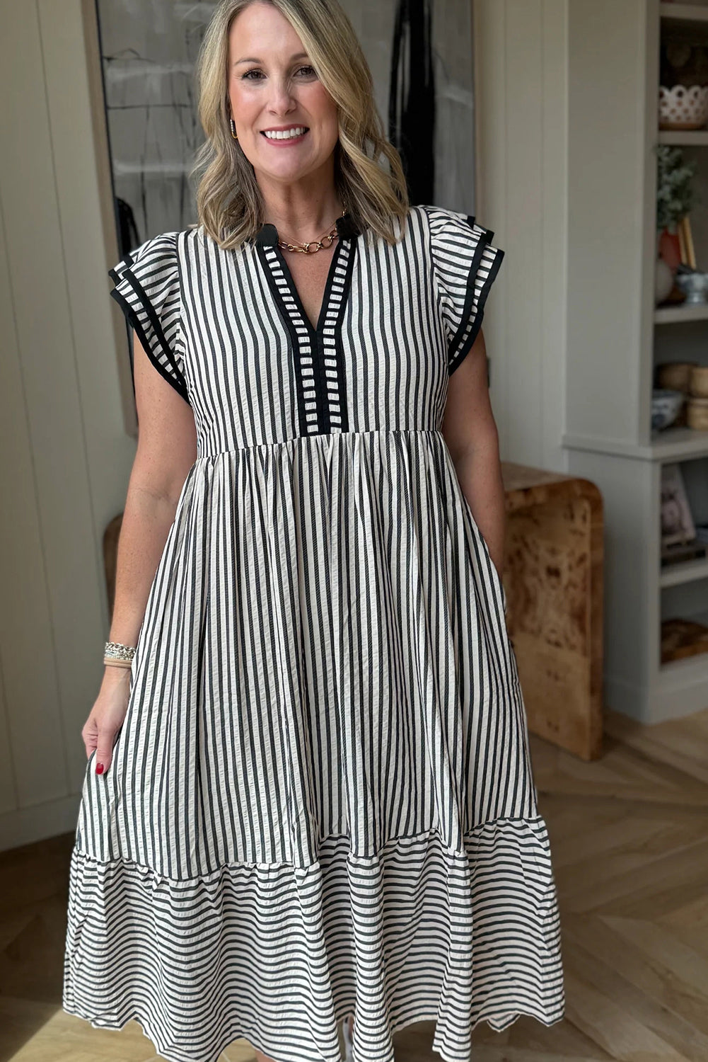 Striped Double Ruffled Short Sleeve Contrast Trim V Neck Midi Dress