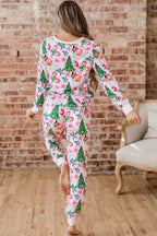 Christmas Pattern Button V Neck Pullover Drawstring Pants 2pcs Lounge Set