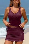Burgundy Ribbed Knit Crossed Detail Tank Skort 2pcs Swimsuit
