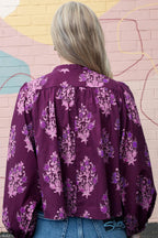 Purple Floral Print Button Front Long Sleeve Round Neck Casual Shift Top