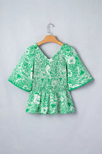 Green Flirty Floral Smocked V Neck Blouse