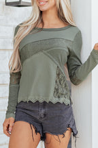 Sage Green Solid Color Waffle Ribbed Lace Patchwork Long Sleeve Top