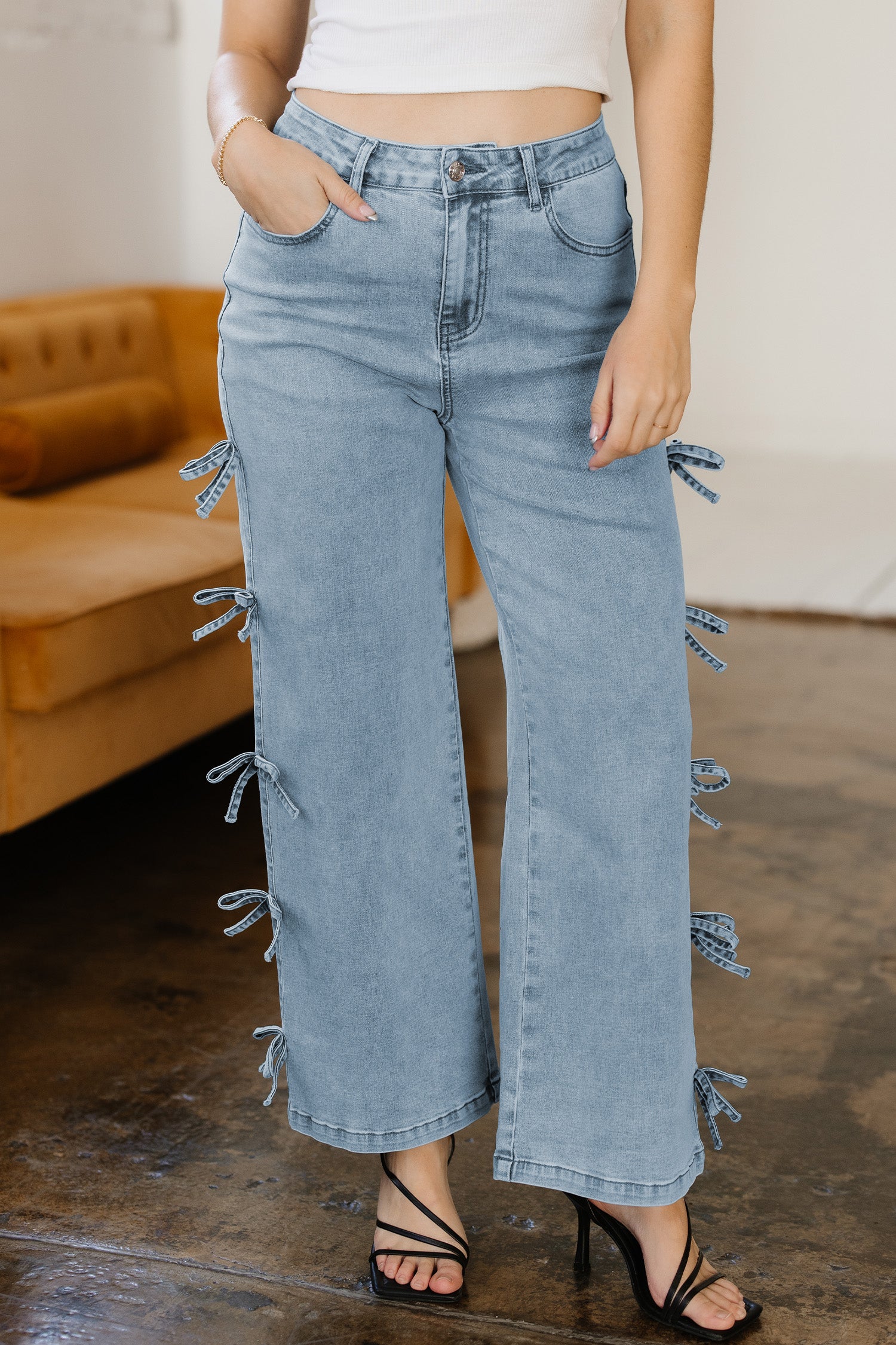 Bow Knot Side Detail Straight Leg Loose Jeans