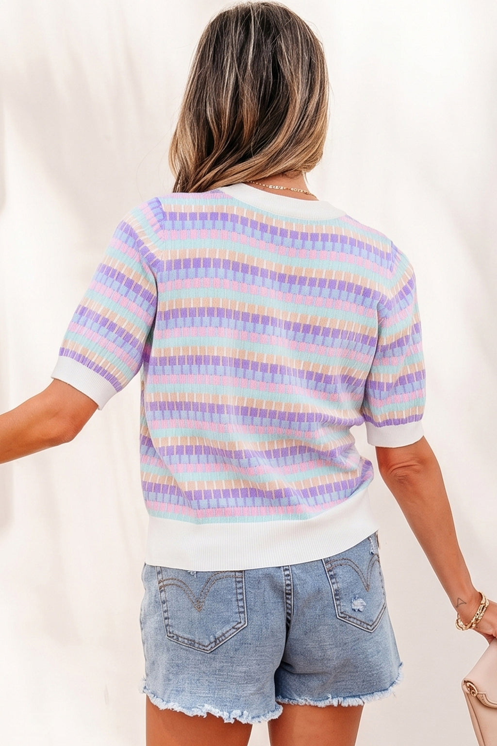 Abstract Striped Knit Short Sleeve Sweater