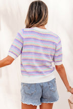 Abstract Striped Knit Short Sleeve Sweater