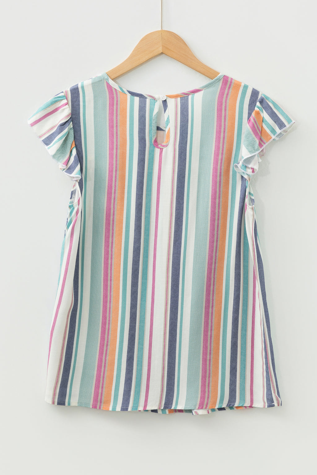 Light Blue Lace Hollow-out Insert Flutter Sleeve Striped Blouse
