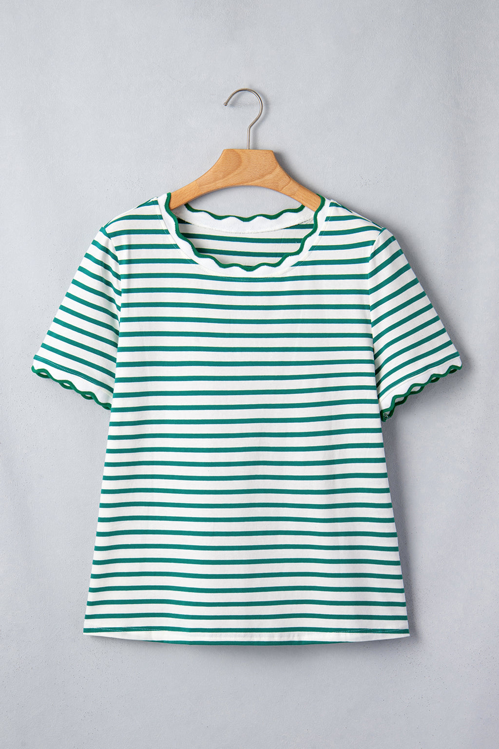 Striped Scalloped Trim Round Neck T Shirt