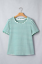 Striped Scalloped Trim Round Neck T Shirt