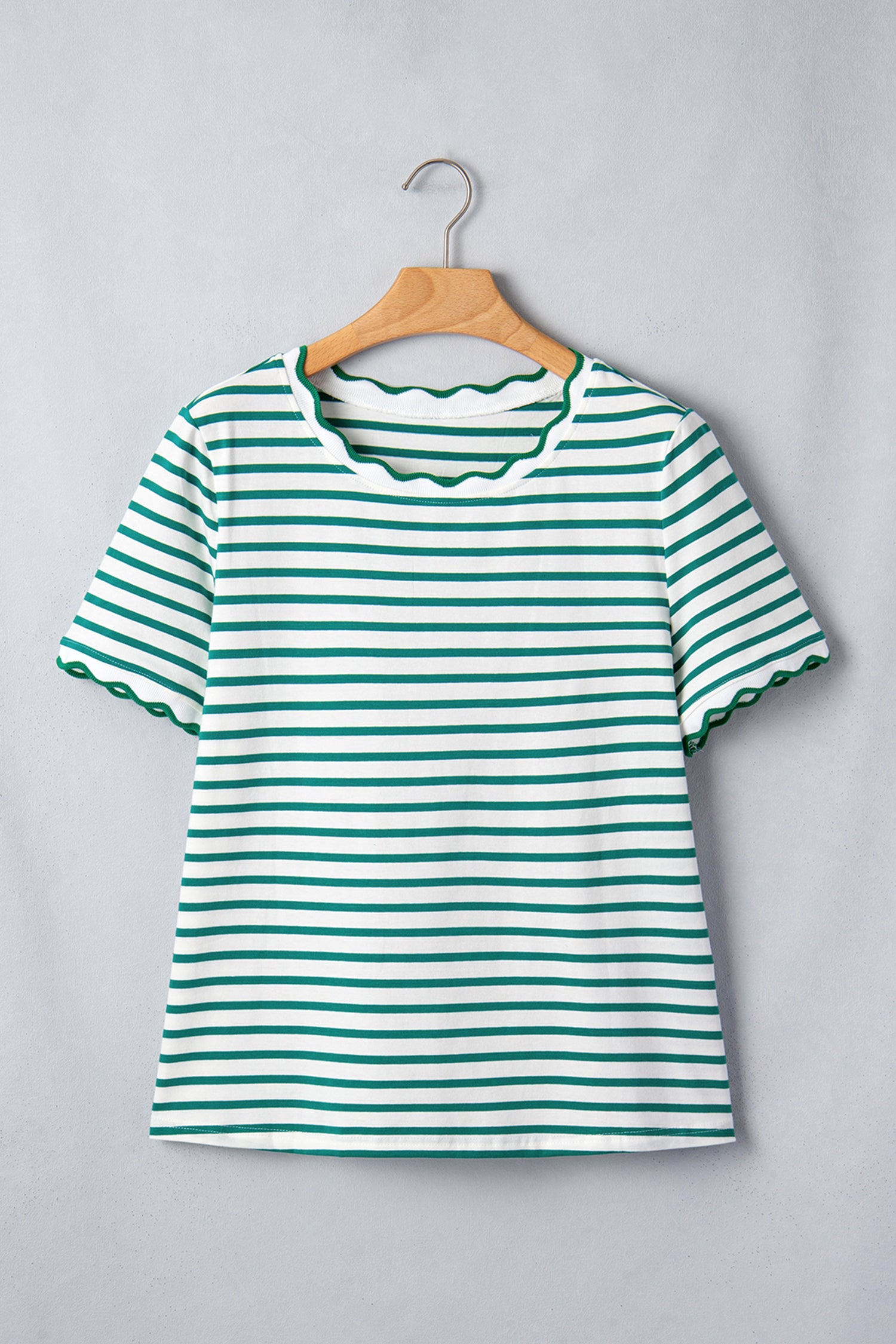 Striped Scalloped Trim Round Neck T Shirt