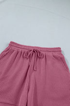 Pitaya Pink Twisted Ribbed Loose Tee Drawstring Elastic Waist 2pcs Short Set