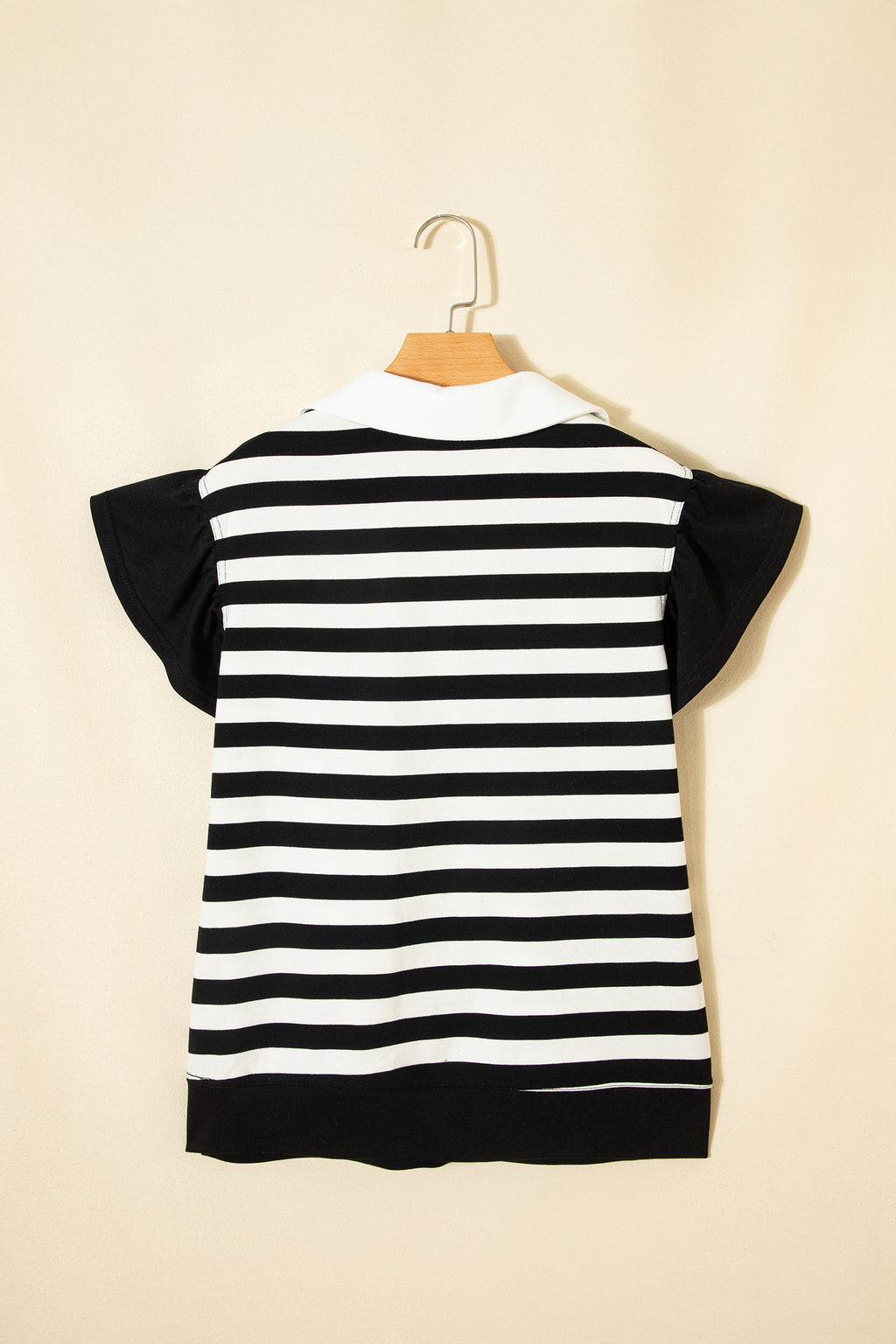 Striped Collar V Neck Ruffled Short Sleeve Blouse
