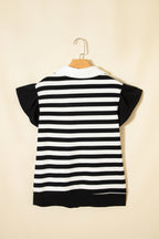 Striped Collar V Neck Ruffled Short Sleeve Blouse
