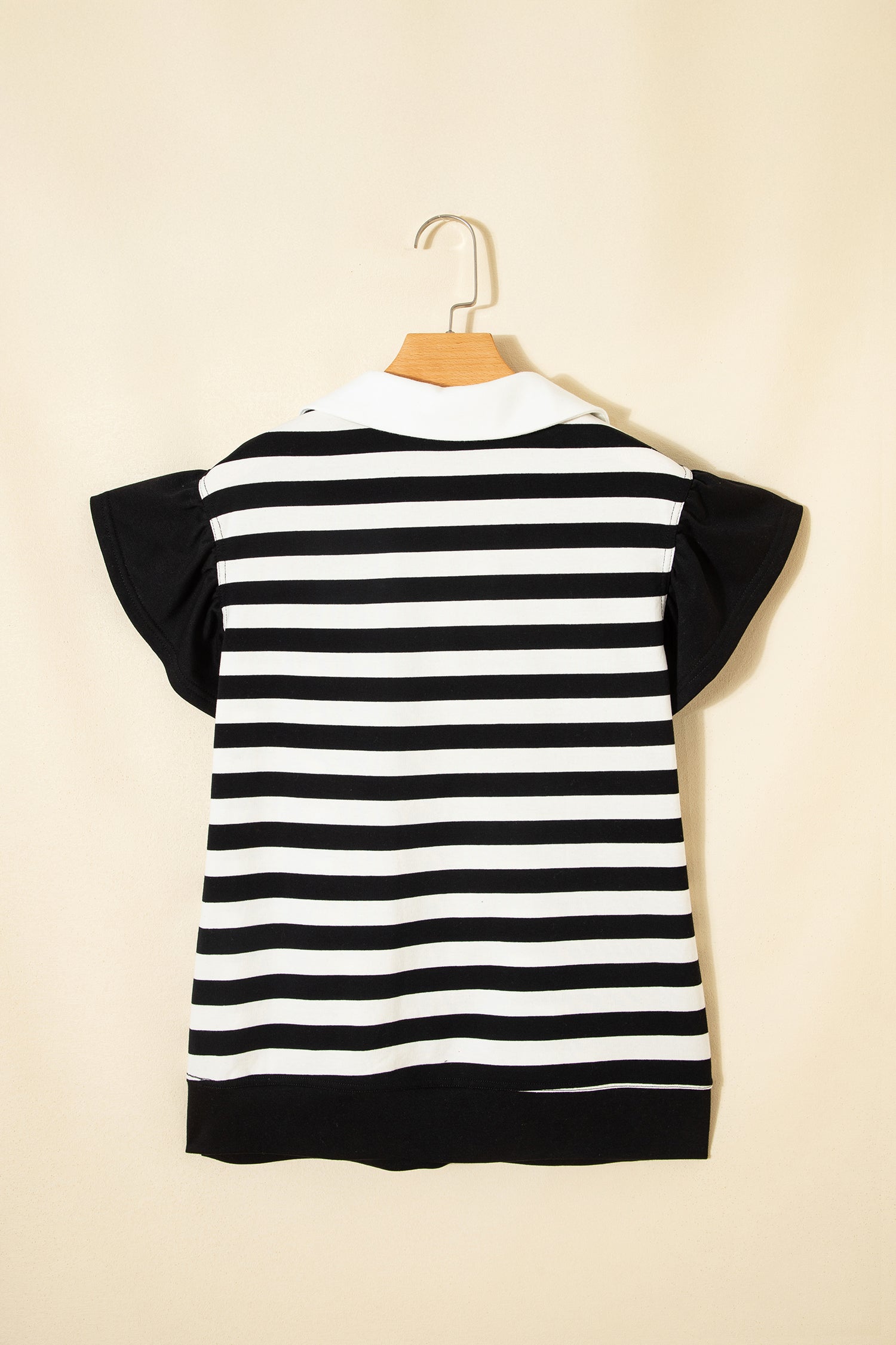 Striped Collar V Neck Ruffled Short Sleeve Blouse