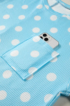 Polka Dot Round Neck Drop Shoulder Patch Pocket Jacquard Texture Top