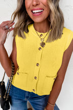 Solid Color Sleeveless Knit Button Pocketed Sweater