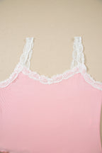 Pink Ribbed Knit Lace Straps Patchwork Lettuce Hem Cropped Top Floral Short Lounge Set