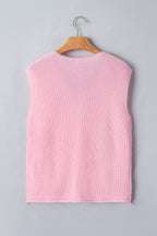 Pink Solid Color Knit V Neck Button Front Sweater Vest