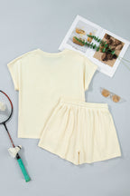 Contrast Leopard Bow Patched V Neck Loose Tee Drawstring Shorts 2pcs Outfit