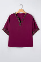 Red Dahlia Contrast Leopard Trim V Neck Short Sleeve Blouse