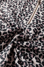 Khaki Leopard Print Half Zip up Blouse