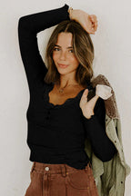 Lace Neckline Button Decor Lettuce Edge Long Sleeve Ribbed Top