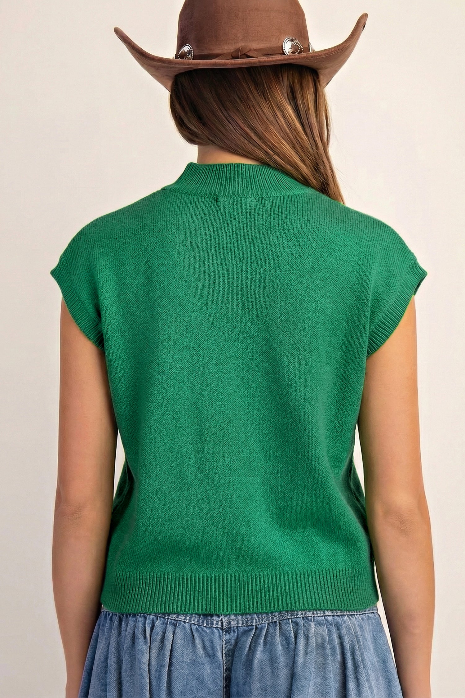 Corded Horseshoes Ribbed Trim Mock Neck Short Sleeve Sweater