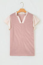 Plus Size Contrast Frilled Neckline Ruffled Short Sleeve Ribbed Textured Blouse