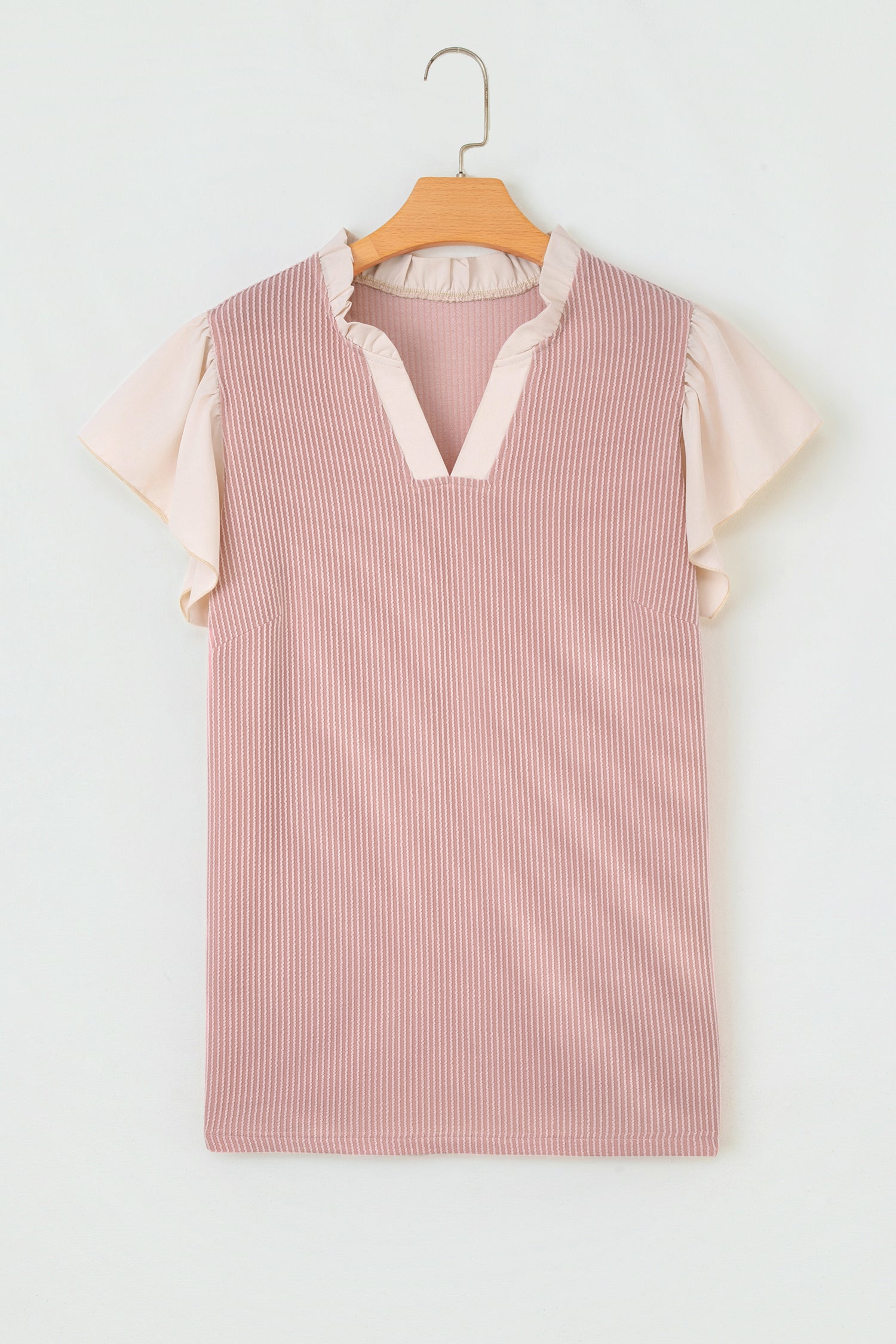 Plus Size Contrast Frilled Neckline Ruffled Short Sleeve Ribbed Textured Blouse