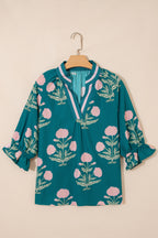 Casual Wild Flower Print V Neck 3/4 Sleeve Blouse