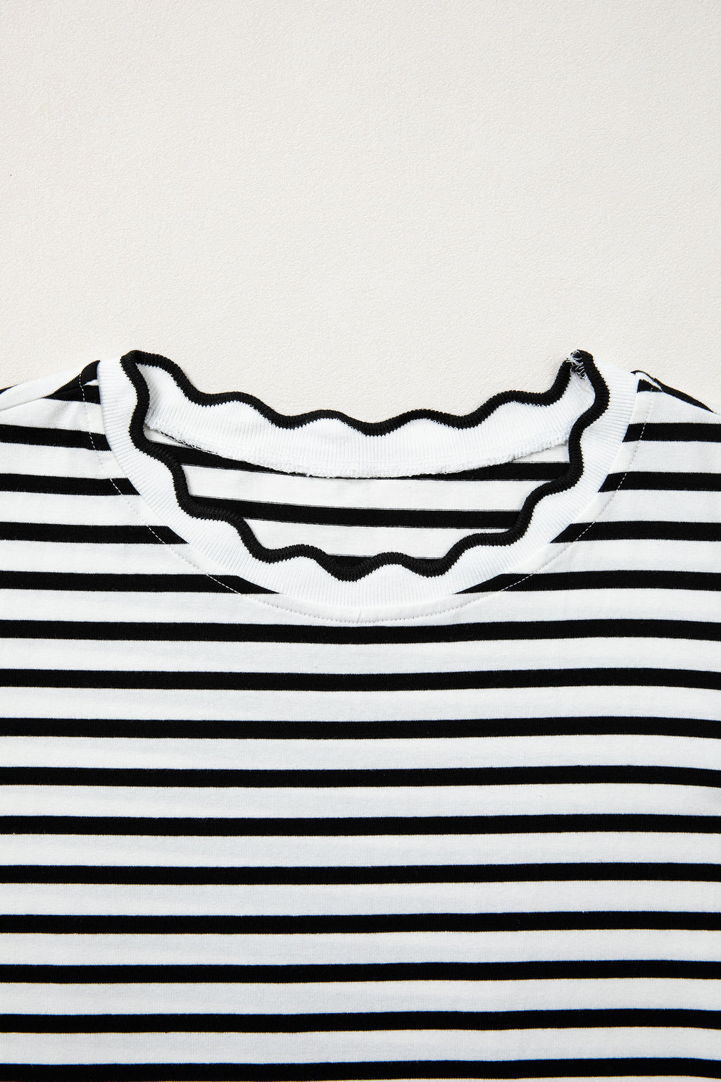 Striped Scalloped Trim Round Neck T Shirt