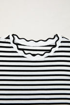 Striped Scalloped Trim Round Neck T Shirt