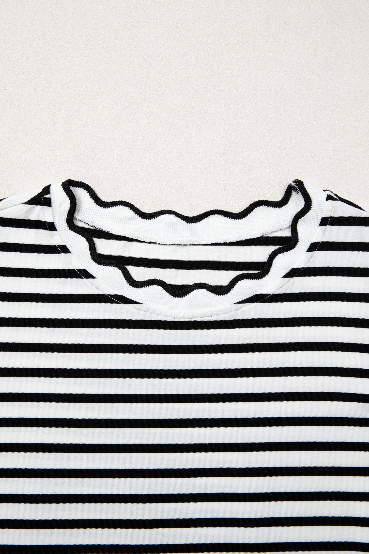Striped Scalloped Trim Round Neck T Shirt