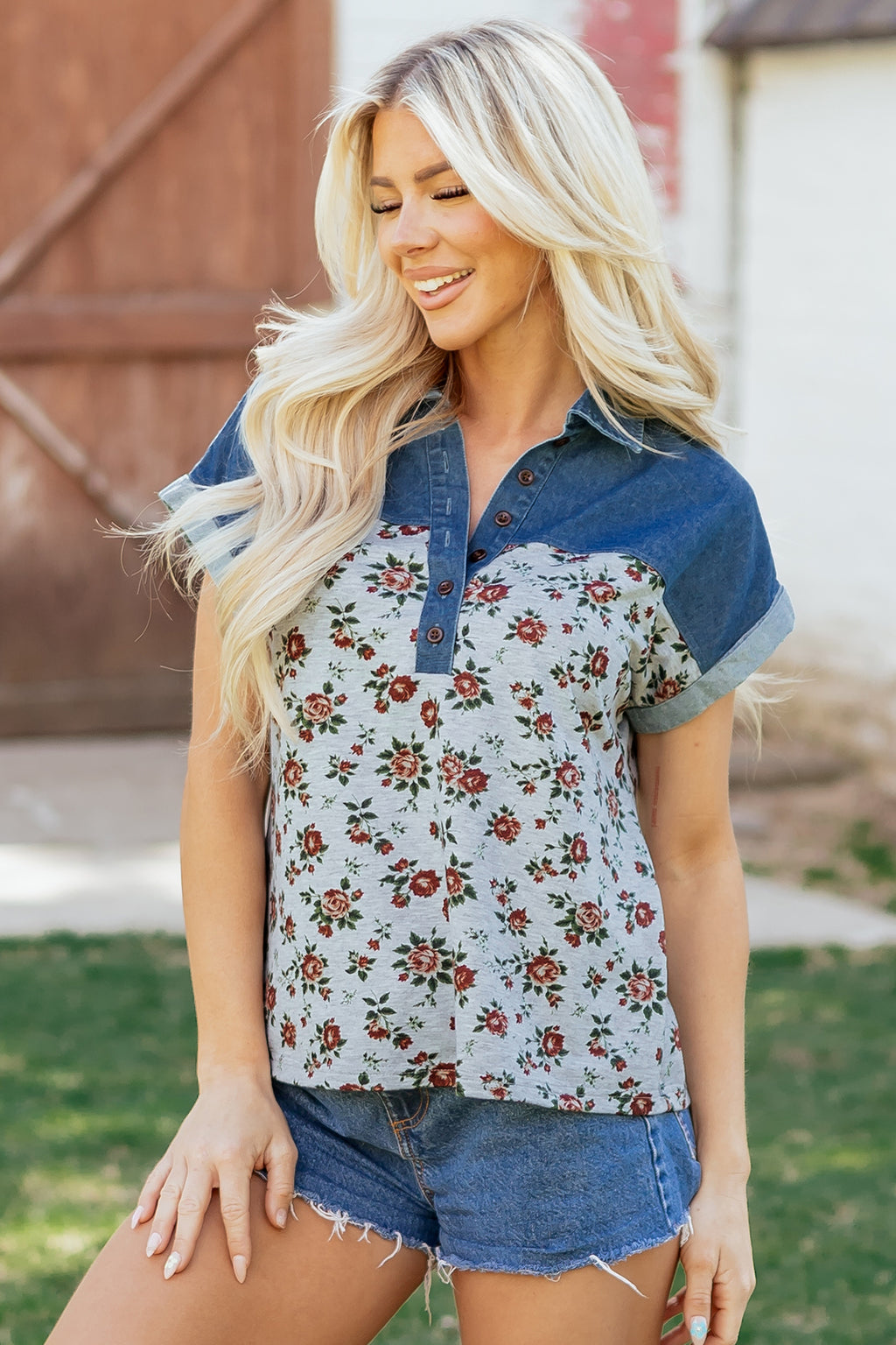 Grey Retro Floral Print Denim Patchwork Buttoned Polo Collar Top