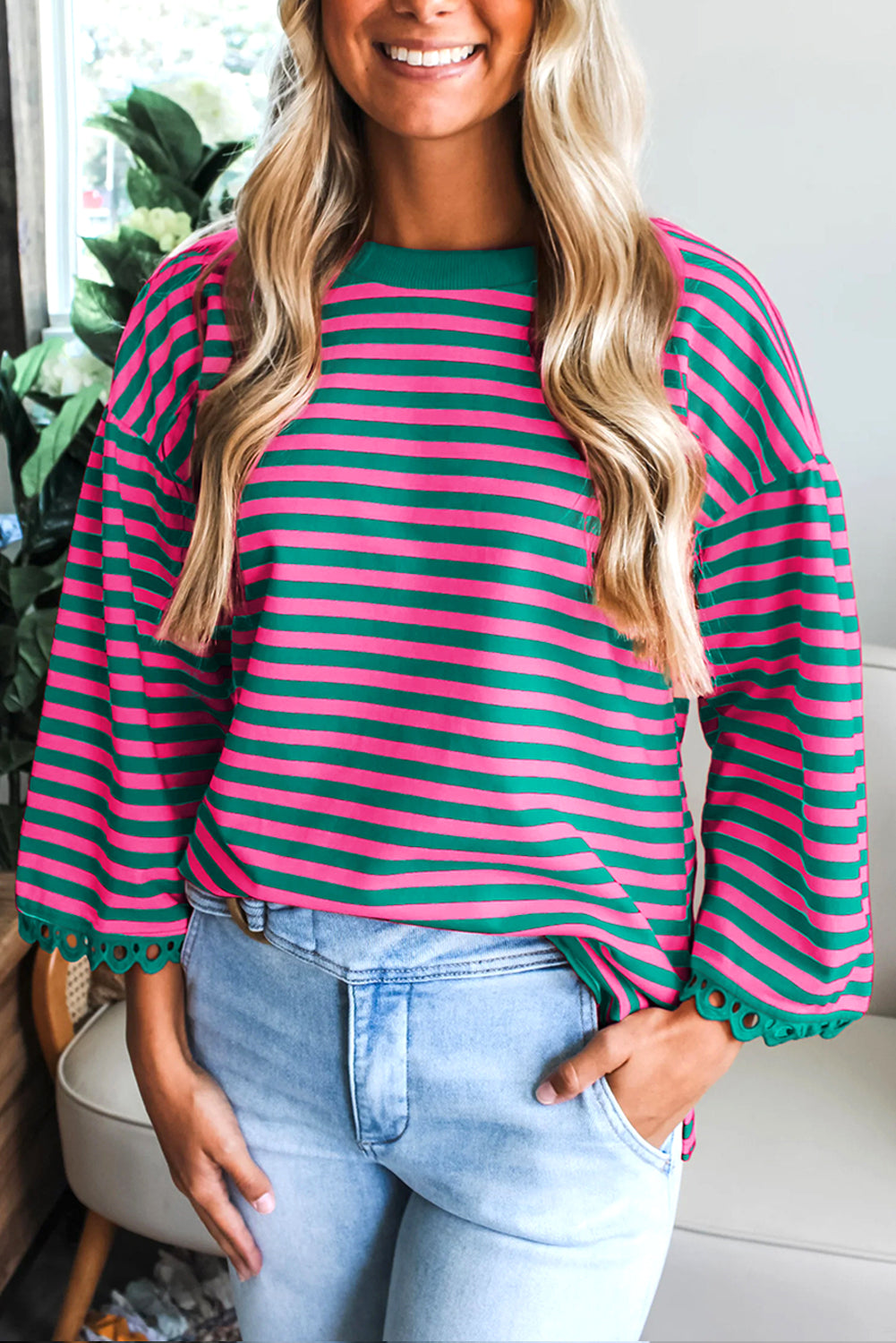 Striped Print Drop Shoulder Lace Trim Bracelet Sleeve Loose Top