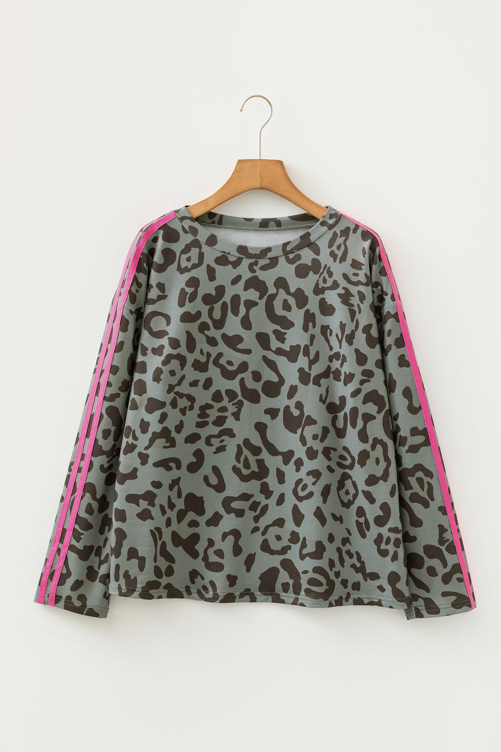 Leopard Print Varsity Striped Trim Long Sleeve Top
