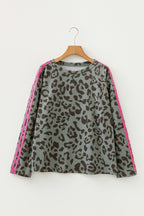 Leopard Print Varsity Striped Trim Long Sleeve Top
