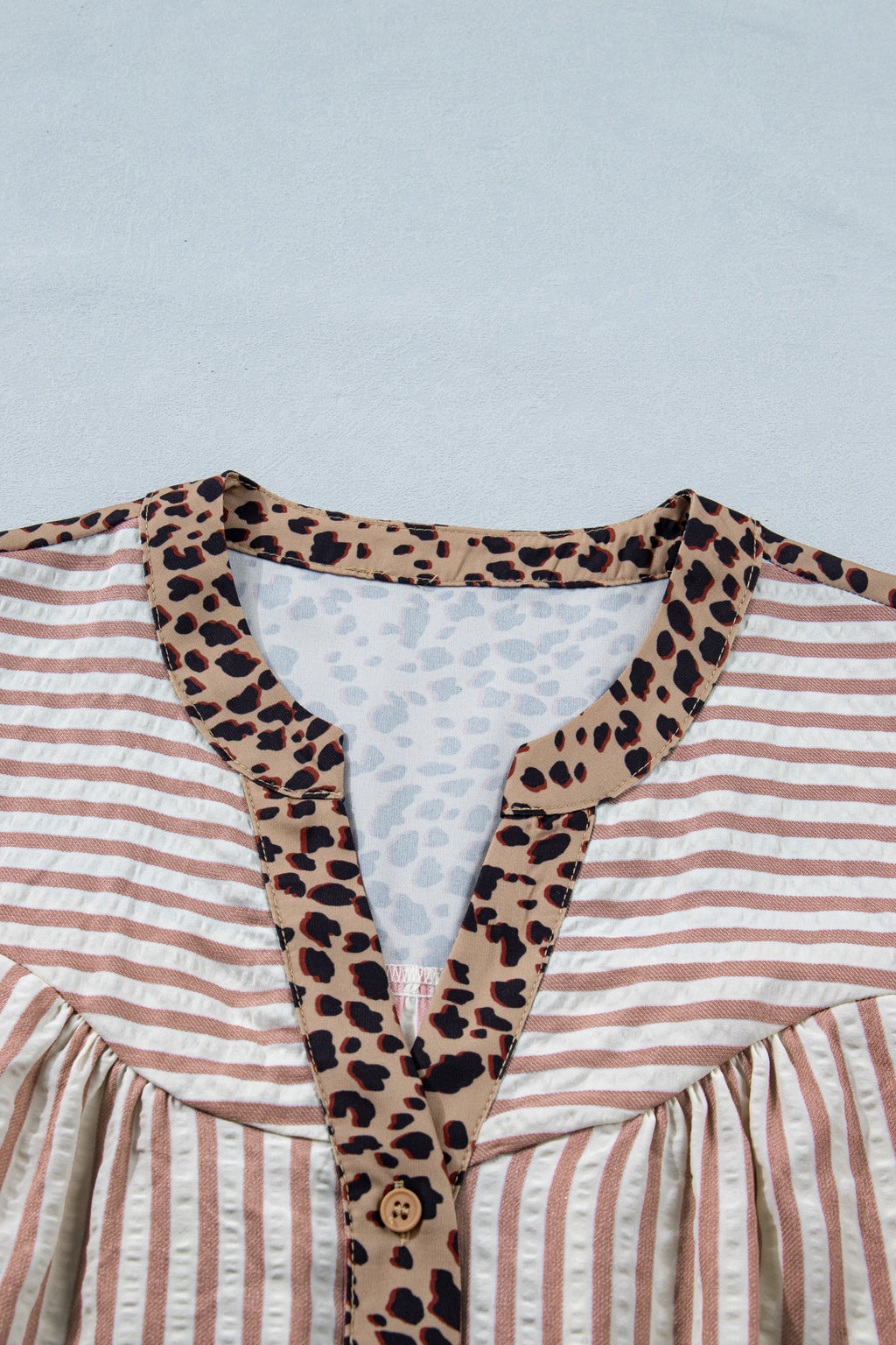 Leopard Trim V Neck Button Down Half Sleeve Shirt