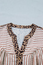 Leopard Trim V Neck Button Down Half Sleeve Shirt