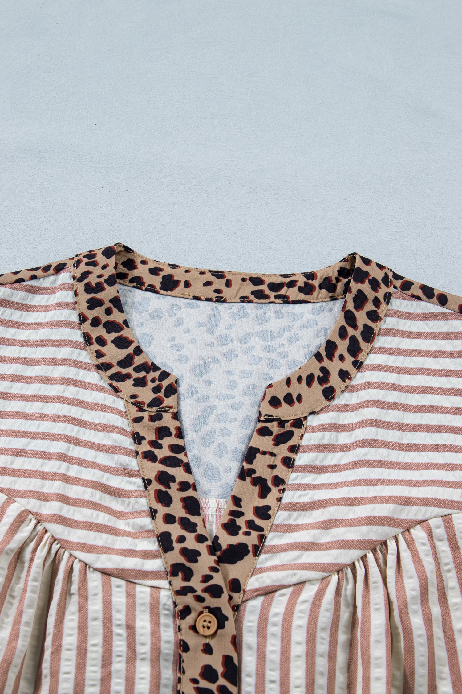 Leopard Trim V Neck Button Down Half Sleeve Shirt