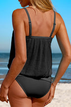 Striped Mesh Knotted Hem Tankini Swimsuit