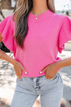 Solid Color Ribbed Trim Round Neck Ruffle Short Sleeve Sweater